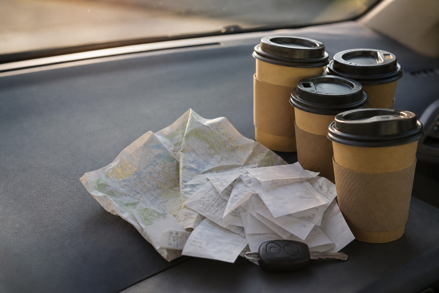 Takeaway coffee cups, receipts and a car key on a dashboard