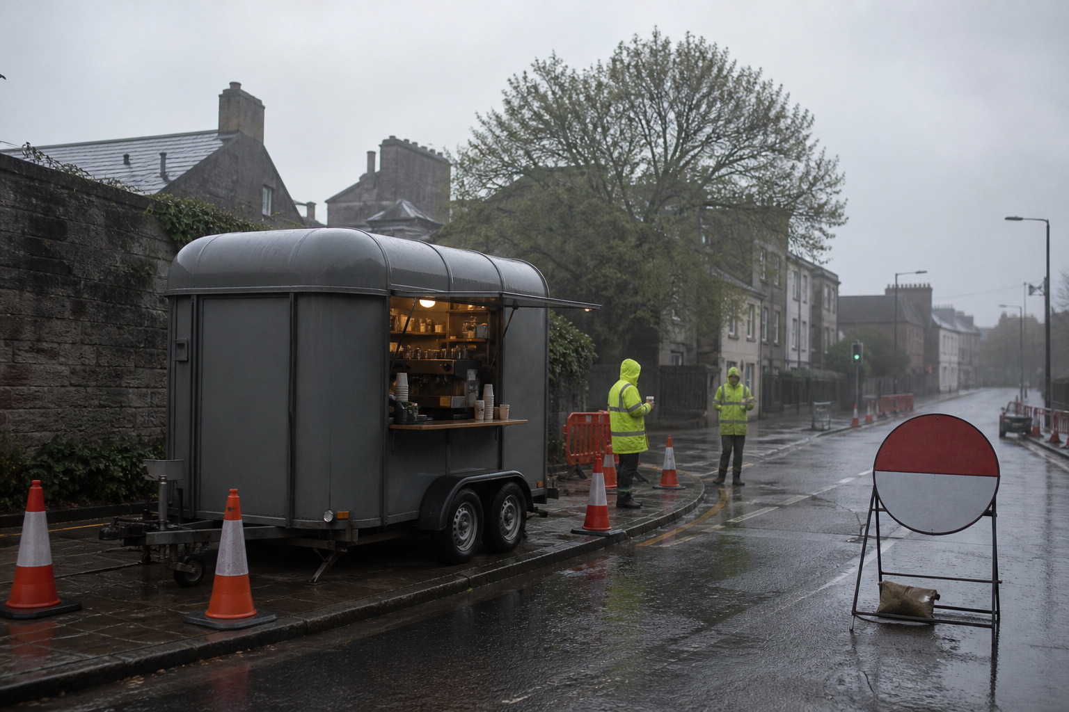 A small coffee trailer beside generic roadworks on a rainy street